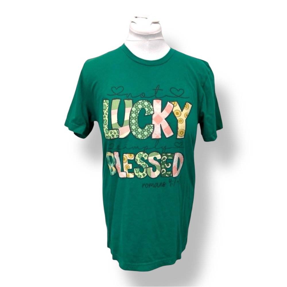 Bella Canvas Women’s Short Sleeve Graphic Tee “Not Lucky Simply Blessed” Green L